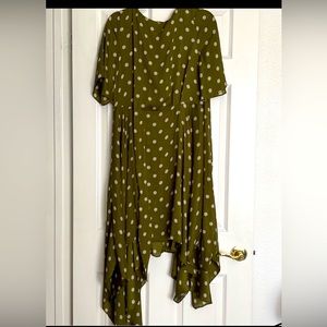 Polka dot green olive dress asymmetrical trim